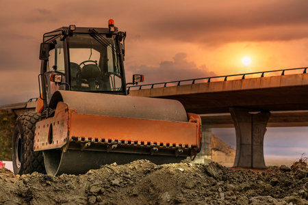 Road roller in the construction of a road in Spain