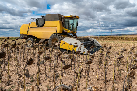 Combine harvester harvesting sunflowers in autumn for the production of biodieselの写真素材