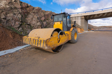 Road roller working on a road
