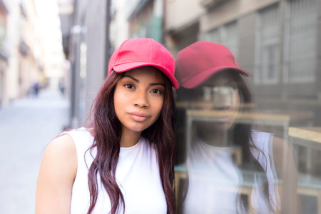 Full body of young female in trendy outfit looking at camera while standing near concrete wall and...