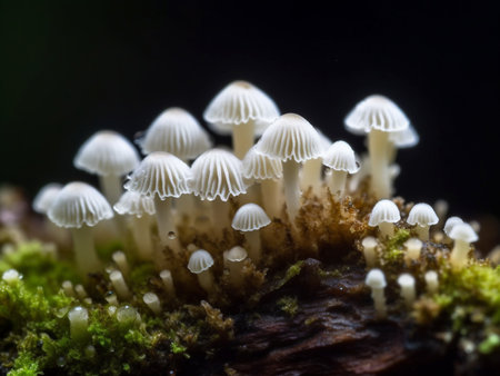 Cluster of white forest mushrooms on a tree trunkの素材
