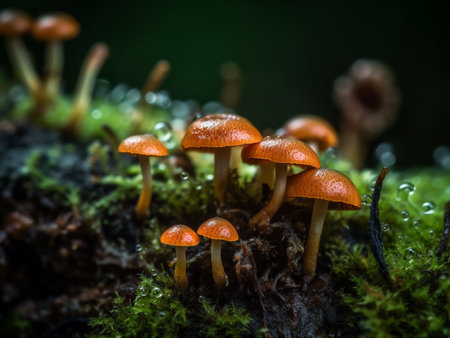 Cluster of yellow forest mushrooms on a mossy forest groundの素材