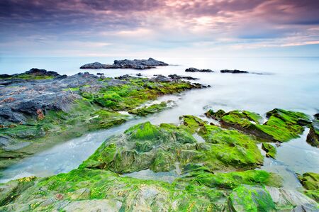 Impressive sunrise in a beach of Malaga, Andalusia with long exposure water and green rocks in firts placeの写真素材