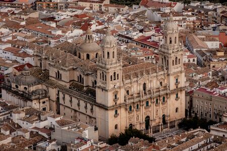 Panoramic view of the Cathedral of the Asuncion in JaÃ©n Andalusia from the cross in Castle of Santa Catalina where you can see the city of Jaen and the neighborhood around the monumentの写真素材