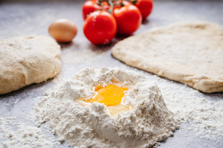 wholemeal dough ball for homemade pizza made on an abstract stone background with ingredients...