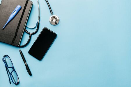 Flat Lay medical tools top view space idea image Background ready to combat coronavirusの写真素材