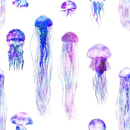 Pattern seamless jellyfishes Colorful repeat texture wallpaper design illustration Watercolor in bright style vivid blue purple violet medusa isolated on white background, fashionの写真素材