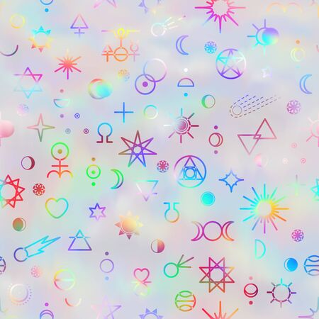 Zodiac sings constellation seamless pattern, alchemy astrology astronomy symbols background. Planets, stars pictograms. Esoteric holographic color geometric modern textureのイラスト素材