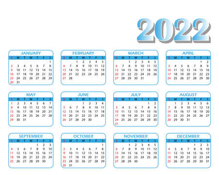 Calendar 2022 template. Blue, white and black colors. Monthly design Vector. Week start on Sundayのイラスト素材