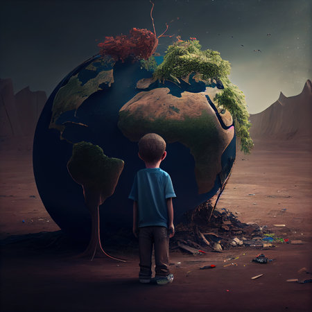 Back view full body of unrecognizable boy looking at destroyed Earth while standing on dirty ground. Generative AIの素材