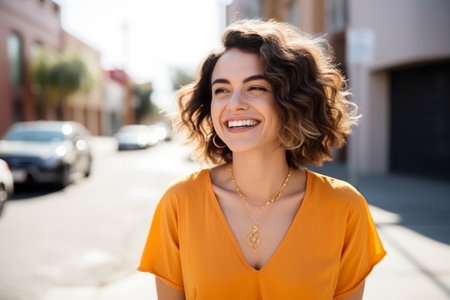 Portrait of a beautiful young woman with curly hair in the city.の素材