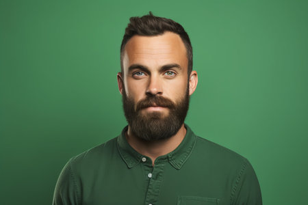 Portrait of a handsome bearded man in a green shirt on a green background.の素材