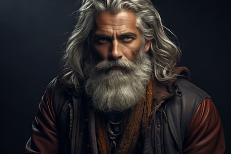 Portrait of an old man with long gray hair and beardの素材
