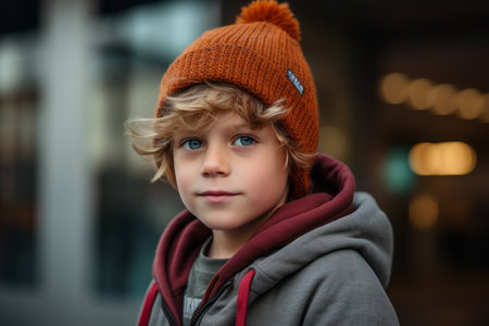 Portrait of a cute little boy in a warm hat and coatの素材