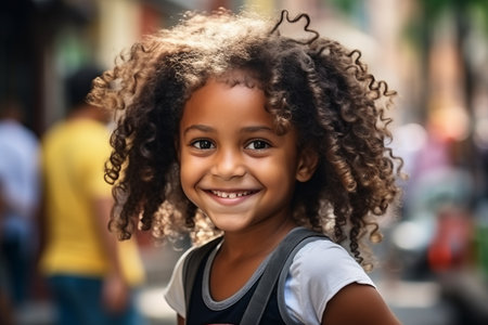 Portrait of a cute african american little girl in the city.の素材