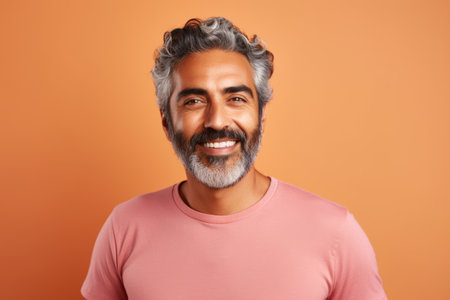 Portrait of a handsome Indian man with gray hair and beard on orange background.の素材