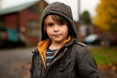 Portrait of a cute little boy in a black jacket on the street.の素材