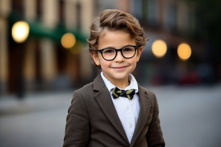 Portrait of a cute little boy in a suit and bow tie.の素材