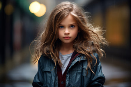 portrait of a beautiful little girl with long hair on the street.の素材