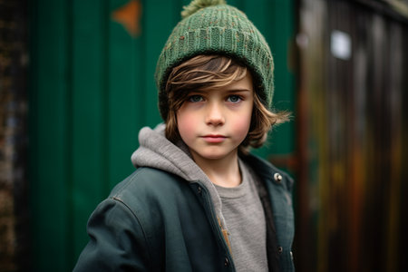 Portrait of a boy in a knitted hat on the street.の素材
