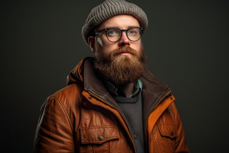 Studio portrait of a hipster with a long beard and a mustache wearing a brown leather jacket and hatの素材