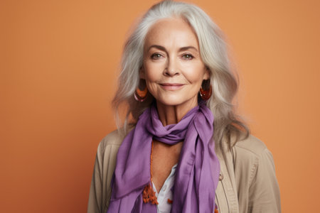 Portrait of smiling senior woman in scarf. Isolated on orange background.の素材