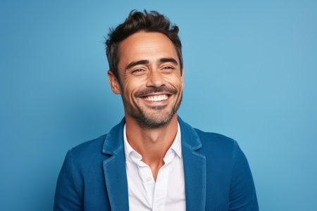 Portrait of a handsome young man laughing and looking at camera against blue background.の素材