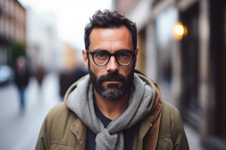 Portrait of a handsome bearded man with glasses and scarf in the city.の素材