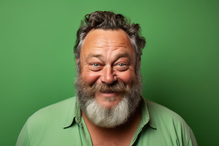 Portrait of a happy senior man with gray beard and mustache on a green background.の素材