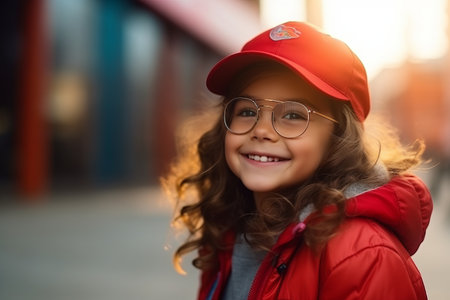 Portrait of a cute little girl wearing red cap and glasses outdoors.の素材