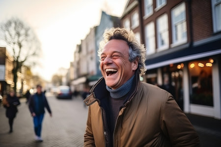 Portrait of a middle-aged man laughing in the cityの素材