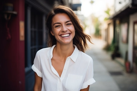 Portrait of a beautiful young woman smiling and looking at the camera.の素材