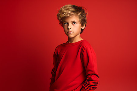 Little boy in a red sweater on a red background. studio shotの素材