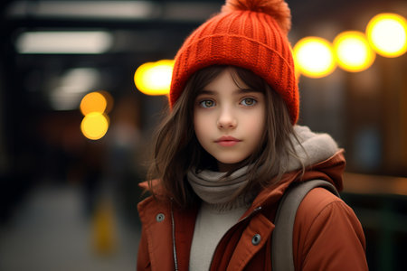 Portrait of a beautiful young girl in a red hat and coatの素材