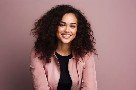 Portrait of a beautiful young woman with curly hair over pink background.の素材