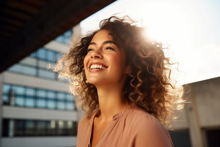 Portrait of a beautiful young woman with curly hair smiling outdoorsの素材