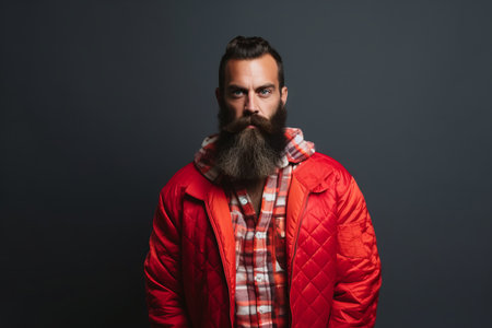 handsome bearded man with long beard and mustache on serious face in red jacket on gray studio background.の素材