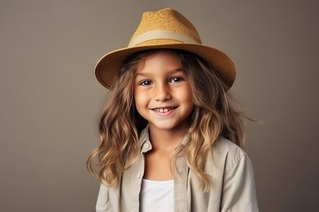 Portrait of a cute little girl in a straw hat on a gray background.の素材