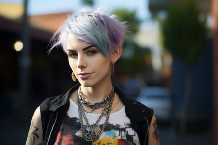 Portrait of a beautiful young hipster woman with short purple hair.の素材