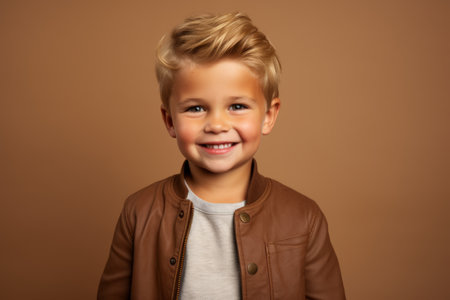 Cute little boy in a brown jacket on a brown backgroundの素材