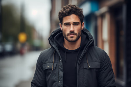 Portrait of a handsome young man in a black jacket on the street.の素材