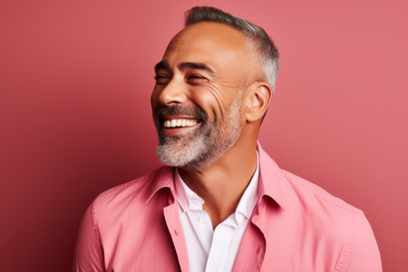 Portrait of a smiling mature man in a pink shirt on a pink backgroundの素材