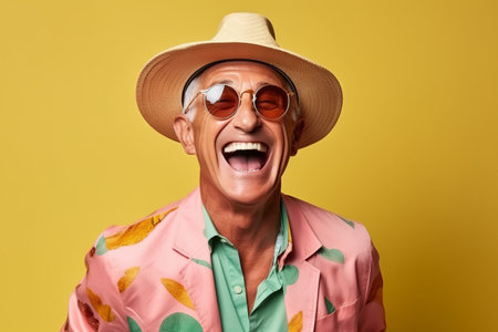 Portrait of happy senior man in sunglasses and straw hat laughing over yellow background.の素材