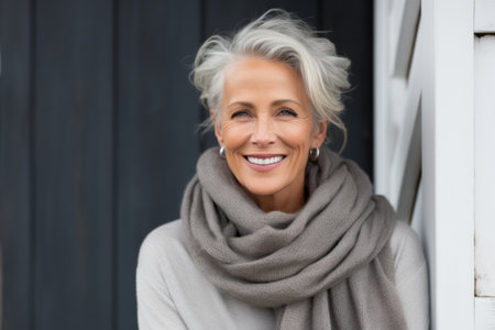smiling senior woman in scarf looking at camera on terrace of house.の素材