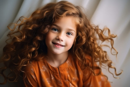 Portrait of a beautiful little girl with long curly hair, studio shot.の素材