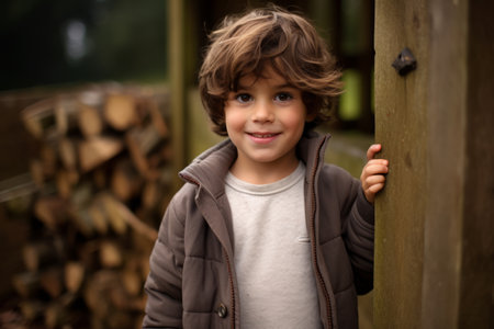 Portrait of a cute little boy standing in front of a wooden fence.の素材