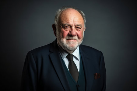 Portrait of an old man in a suit on a dark backgroundの素材