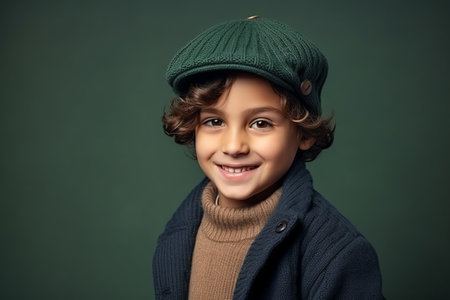 Portrait of a cute little boy in a hat and coat. studio shotの素材
