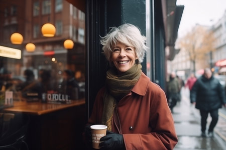 Mature woman with cup of coffee in the city, lifestyle portrait.の素材