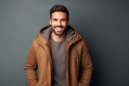Portrait of a handsome young man smiling at the camera while standing against gray backgroundの素材